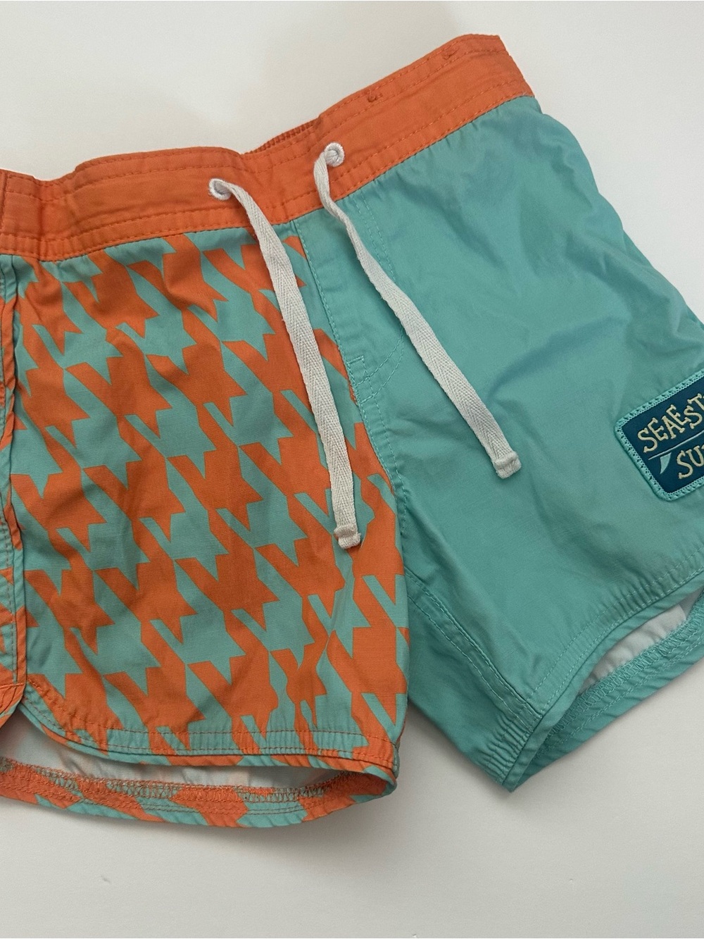 Kids' Colorblock Orange & Teal Swim Trunks with Drawstring